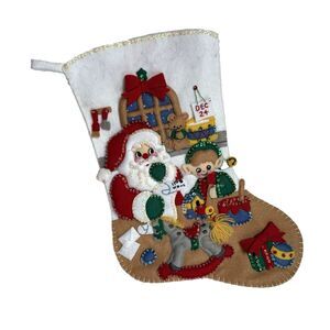 Vintage Bucilla FINISHED Felt Sequin Christmas Stocking Santa's Workshop 3D READ